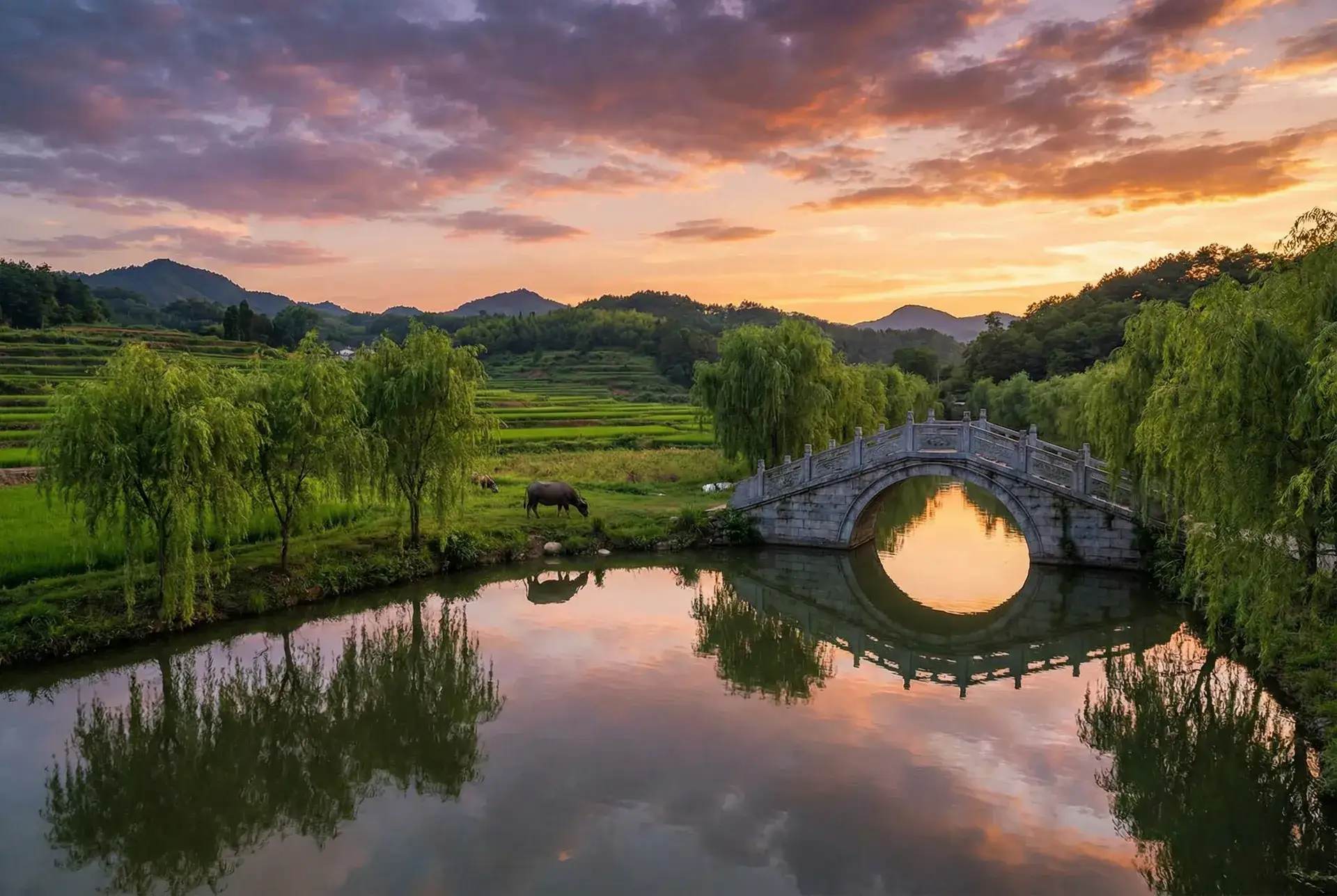 夕阳下的石拱桥与垂柳，水牛在河边吃草 - 俺去橹 乡村美景
